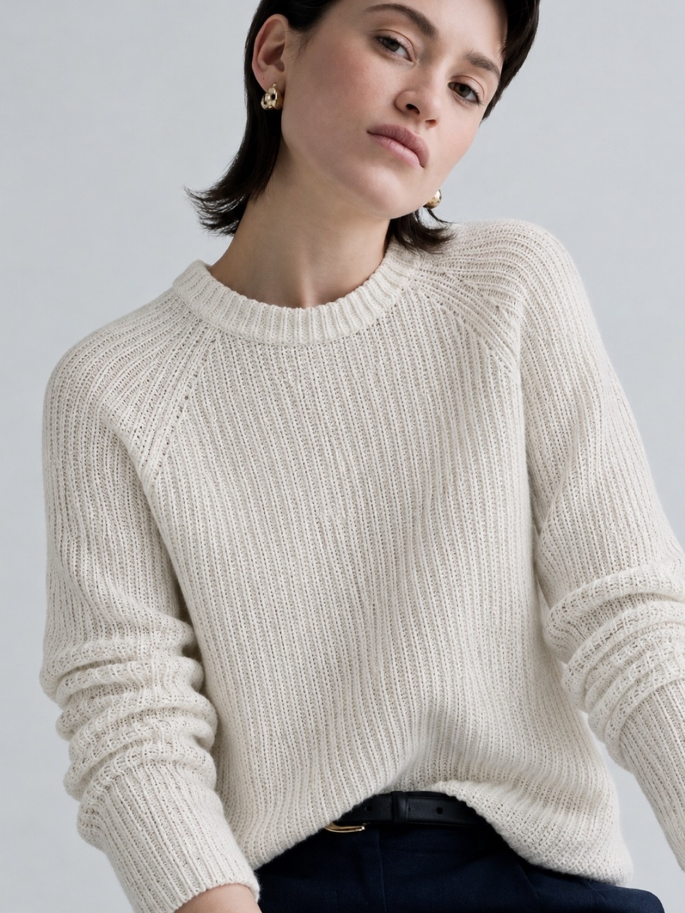 Quince rib knit chunky knit textured 100%  cashmere  cream Sweater Sz M